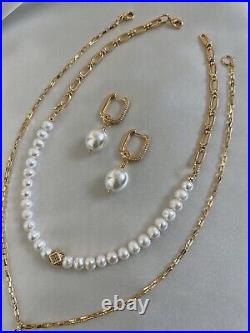 Half Chain Natural Pearl Womens Necklace Set With Earrings Gold White Pendant