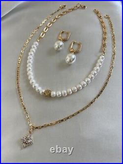 Half Chain Natural Pearl Womens Necklace Set With Earrings Gold White Pendant