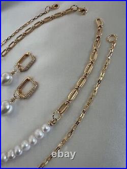 Half Chain Natural Pearl Womens Necklace Set With Earrings Gold White Pendant