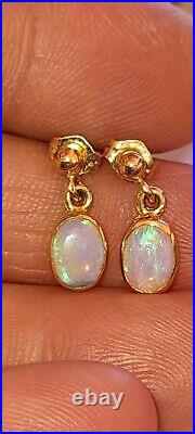 Hallmarked 14ct Yellow Gold Pretty Natural Firey Opal Set Drop Dangle Earrings