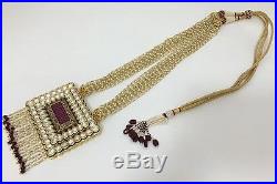 Handcrafted CZ Polki Kundan Multi Strands Pearls Square Ruby Red Necklace Set