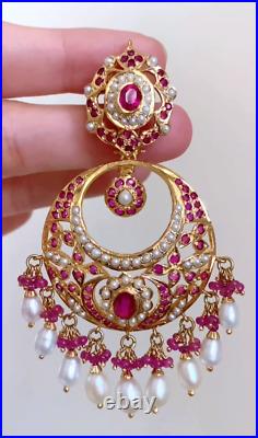 Handcrafted Indian Jadau Ruby Pearl Chandbali, Silver 925 & 22k Gold Plated