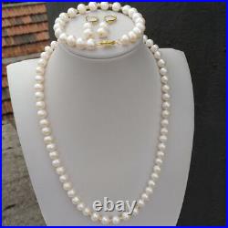 Handmade 7-8mm AAAA White Akoya Pearl Bracelet Earring Necklace Set 14k Gold P