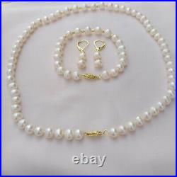 Handmade 7-8mm AAAA White Akoya Pearl Bracelet Earring Necklace Set 14k Gold P