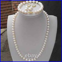 Handmade 7-8mm AAAA White Akoya Pearl Bracelet Earrings Necklace Set in 14k Gold