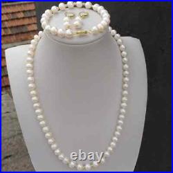 Handmade 7-8mm AAAA White Akoya Pearl Bracelet Earrings Necklace Set in 14k Gold