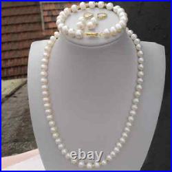 Handmade 7-8mm AAAA White Akoya Pearl Bracelet Earrings Necklace Set in 14k Gold