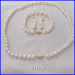 Handmade 7-8mm AAAA White Akoya Pearl Bracelet Earrings Necklace Set in 14k Gold