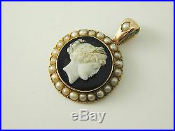 Hardstone cameo pendant pearl set antique Victorian gold circa 1880s 4.6 grams