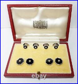 Harrods London, S. W. 9k White Gold Pearl & Onyx Tuxedo Stud Cufflink Set with Box