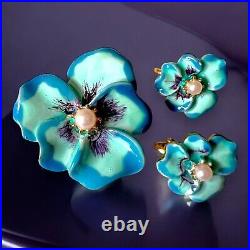 Hobe Pansy Earrings Brooch Set Blue Enamel Faux Pearl Gold Tone Vintage Signed