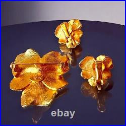 Hobe Pansy Earrings Brooch Set Blue Enamel Faux Pearl Gold Tone Vintage Signed