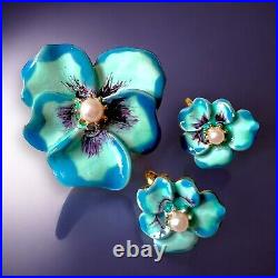 Hobe Pansy Earrings Brooch Set Blue Enamel Faux Pearl Gold Tone Vintage Signed