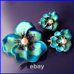 Hobe Pansy Earrings Brooch Set Blue Enamel Faux Pearl Gold Tone Vintage Signed