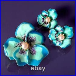 Hobe Pansy Earrings Brooch Set Blue Enamel Faux Pearl Gold Tone Vintage Signed