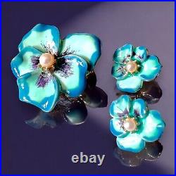 Hobe Pansy Earrings Brooch Set Blue Enamel Faux Pearl Gold Tone Vintage Signed