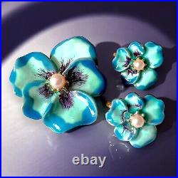 Hobe Pansy Earrings Brooch Set Blue Enamel Faux Pearl Gold Tone Vintage Signed