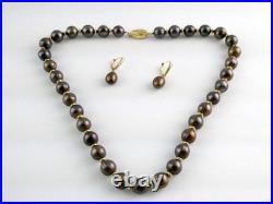 Honora 14k Yellow Gold Bronze Brown Cultured Pearls Necklace & Earrings Set 56g
