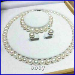 Hot Aaa 9-10mm Akoya White Pearl Necklace Bracelet Earring Set 14k