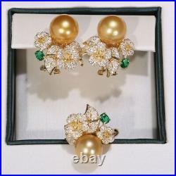 Huge AAA 10-11mm South Sea Golden Round Pearl Earring Ring Sets 925s