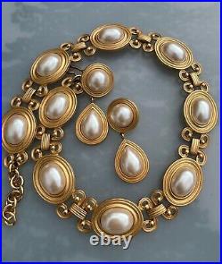 Huge runway Monet Pearl Cabochon Etruscan brush gold necklace earring set