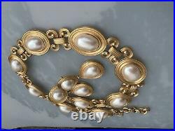 Huge runway Monet Pearl Cabochon Etruscan brush gold necklace earring set