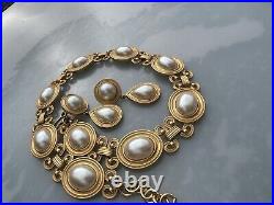 Huge runway Monet Pearl Cabochon Etruscan brush gold necklace earring set