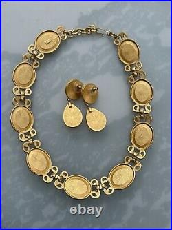 Huge runway Monet Pearl Cabochon Etruscan brush gold necklace earring set