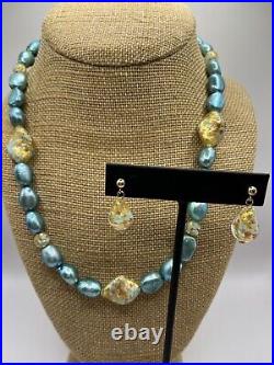 IPS Pearl 14k Gold Necklace Murano Glass Beads Matching Set Earrings Blue Pearls