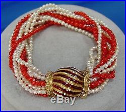 Italian Set18k Gold, Enamel, 4-strand Coral, 6-strand Pearl Necklace & Bracelet