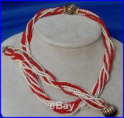 Italian Set18k Gold, Enamel, 4-strand Coral, 6-strand Pearl Necklace & Bracelet