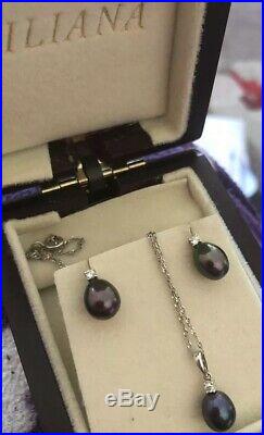 Iliana 18ct White Gold Solitaire Diamond Tahitian Pearl Earrings & Necklace Set
