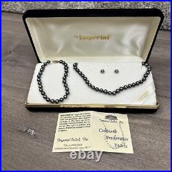Imperial Freshwater Black Round Earrings Necklace Bracelet Set 14k Gold