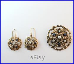Important Victorian Diamond Sapphire Pearl Star Pendant & Earring Set 14k Gold