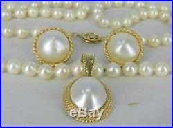 Incredible 14k Yellow Gold & Pearls Pierced Earrings & Necklace & Enhancer Set