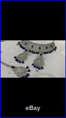 Indian Bollywood Blue Saphire CZ AD Wedding Silver Choker Jewelry Necklace Set