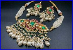 Indian Bollywood Bridal Gold Plated Pearl Kundan Polki Jewelry Necklace Set