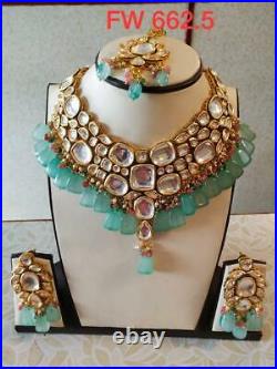 Indian Bollywood Bridal Wedding Jewelry Kundan Necklace Earrings Gold Plated Set