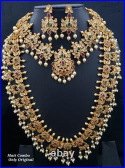 Indian Bollywood CZ Jewelry Bridal Necklace Earring Pearl Bridal Temple Set