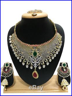 Indian Bollywood CZ Pearl Gold Tone Wedding Bridal Fashion Jewelry Necklace Set