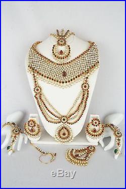 Indian Bollywood Diamante Kundan Pearl Gold Tone Bridal Fashion Jewelry Set 8885