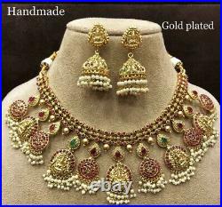 Indian Bollywood Gold Plated Traditional Pearl Kasu choker necklace Earrings Set
