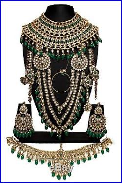 Indian Bollywood Green Polki Pearl Gold Tone Bridal Jewelry Necklace Set 9 Pcs