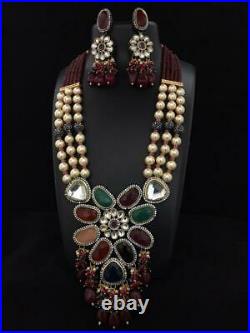 Indian Bollywood Jewelry Polki Ad CZ Bridal Kundan Necklace Set Pearl Raani Haar
