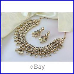 Indian Bollywood Micro Gold Plated Real Kundan Necklace Women Pearls Jewelry Set