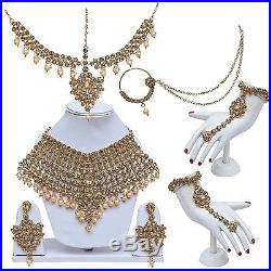 Indian Bollywood Pearl Gold Tone Kundan Wedding Bridal Full Jewelry Necklace Set