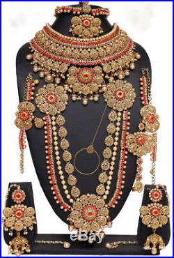 Indian Bollywood Red Lct Cz Pearl Gold Tone Bridal Jewelry Necklace Set 9 Pcs