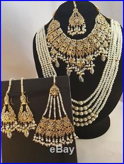 Indian Bollywood Style Bridal Necklace Earring Gold Plated Pearl Mala Set