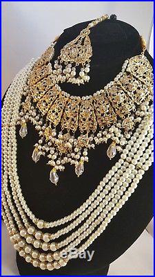 Indian Bollywood Style Bridal Necklace Earring Gold Plated Pearl Mala Set