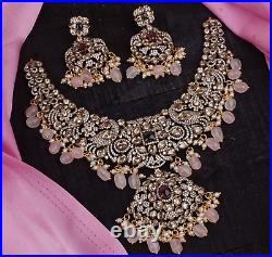 Indian Bollywood Style CZ Gold Plated Victorian Necklace Pink Pearl Jewelry Set